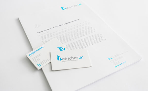Petrichor branding on business cards and letterheads