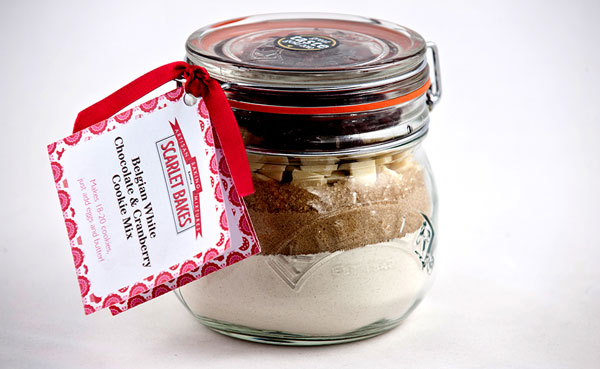 Cookie mix in a jar showing Scarlet Bakes branding